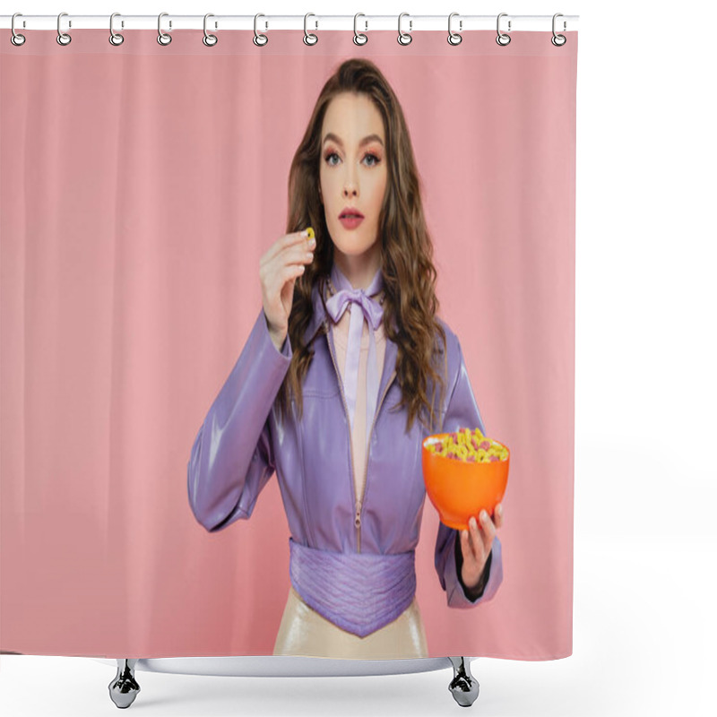 Personality  Concept Photography, Brunette Woman With Wavy Hair Pretending To Be A Doll, Holding Bowl With Corn Flakes, Eating Fast Breakfast, Posing On Pink Background, Stylish Purple Jacket Shower Curtains