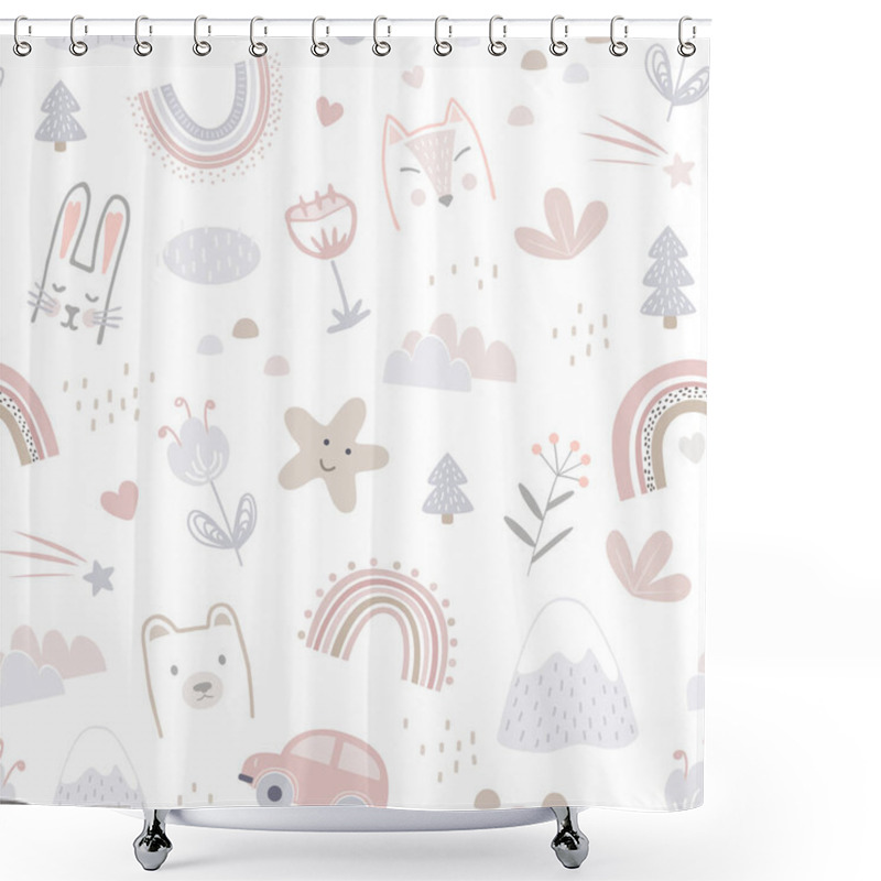 Personality  Seamless Pattern With Cute Animals Faces And Childhood Symbols. Childish Print For Nursery In A Scandinavian Style For Baby Clothes, Interior, Packaging. Vector Cartoon Illustration In Pastel Colors Shower Curtains