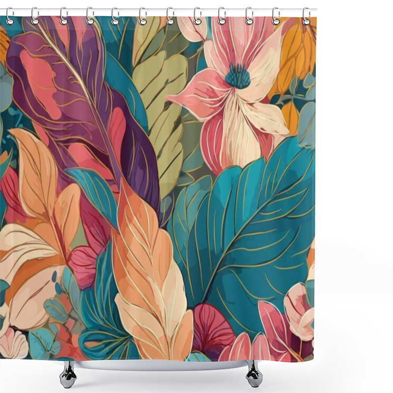 Personality  Abstract Fantasy Floral Art Background With Exotic Leaves And Flowers. Elegant Colorful Backdrop With Gold Lines Drawing. Banner, Cover, Cards Template. Vector Art Illustration. Shower Curtains