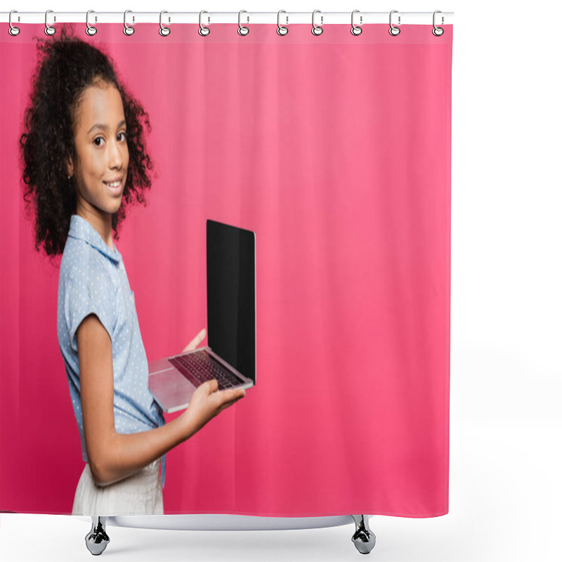 Personality  Smiling Cute Curly African American Kid Holding Laptop With Blank Screen Isolated On Pink Shower Curtains