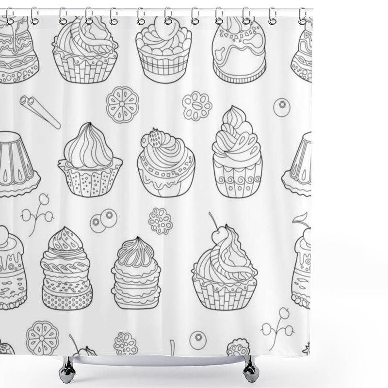 Personality  Seamless Pattern With Black And White Desserts. Cakes, Sweets And Muffins  On White Background. Endless Texture With Different Pastry For Food Design. Shower Curtains