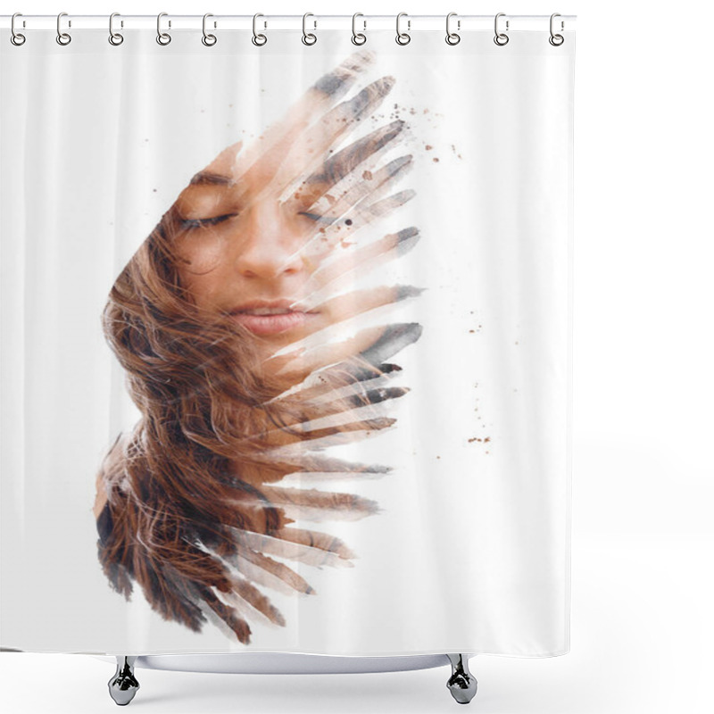 Personality  Paintography. Double Exposure Portrait Of A Young Bohemian Woman Shower Curtains