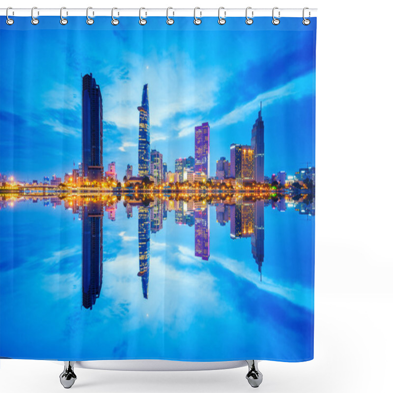 Personality  Reflection Of Night View Of Business District And Administrative Center Of Ho Chi Minh City On Saigon Riverbank. Shower Curtains