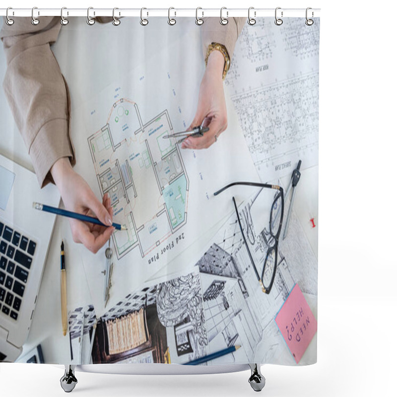 Personality  Young Woman Designer Working With House Sketch Plan Blue Print In The Office. Workplace, Industry Concept Shower Curtains