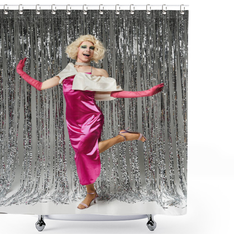 Personality  A Vibrant Drag Performer Showcases Dynamic Poses In Stunning Attire. Shower Curtains