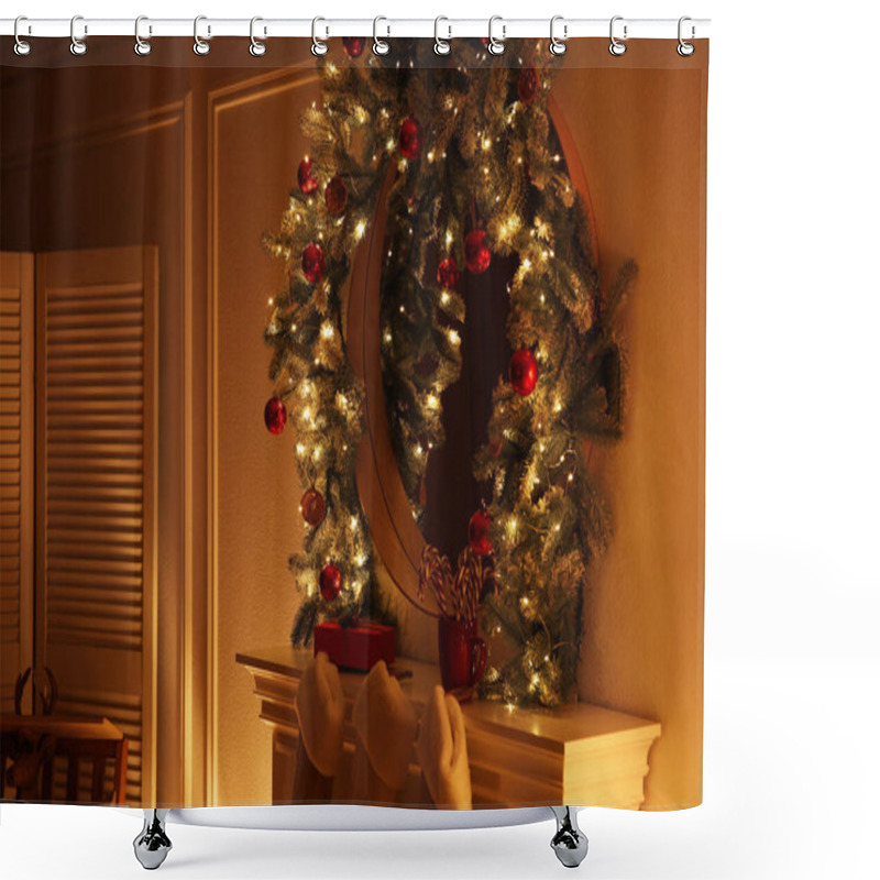 Personality  Mirror With Christmas Garland And Fairy Lights Over Fireplace In Room Shower Curtains