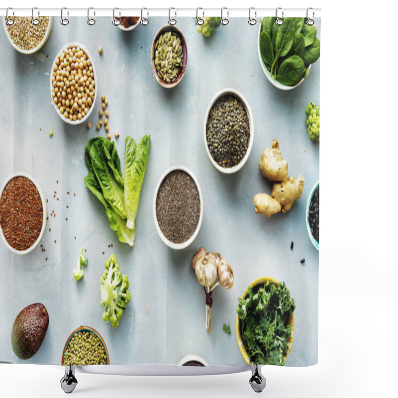 Personality  Set Raw Seeds, Cereals, Beans, Superfoods And Green Vegetables On Blue Stone Background Top View. Vegetarian Or Diet Food Concept Shower Curtains