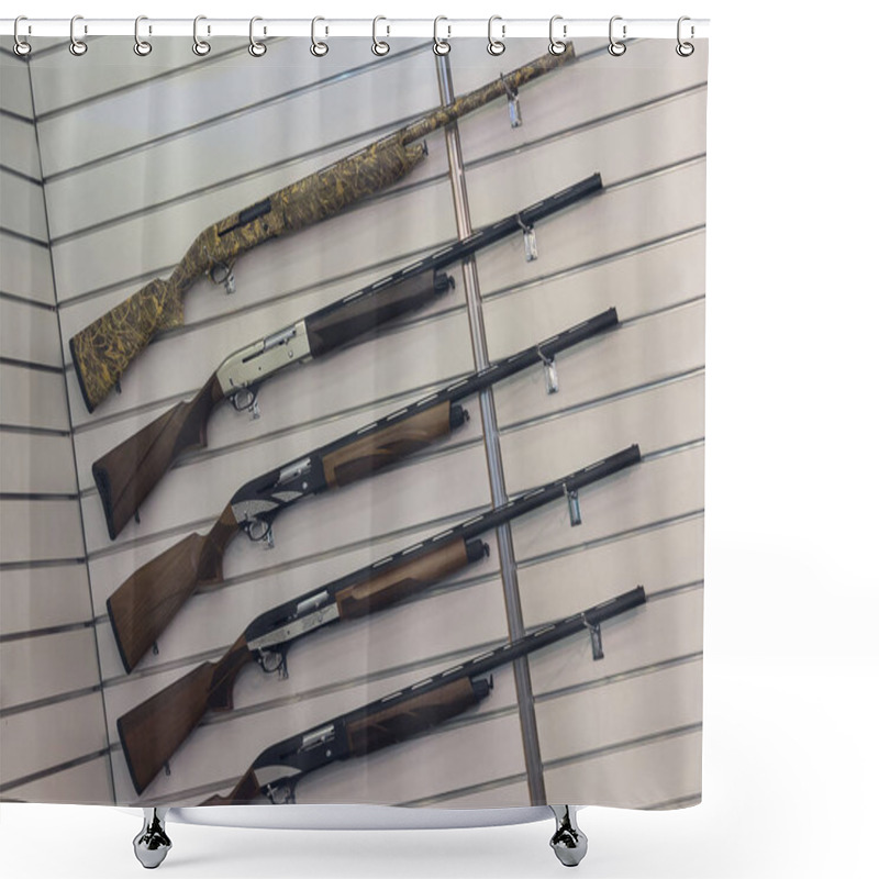 Personality  Hunting Rifles On The Stand Of The Store. Sales Shower Curtains