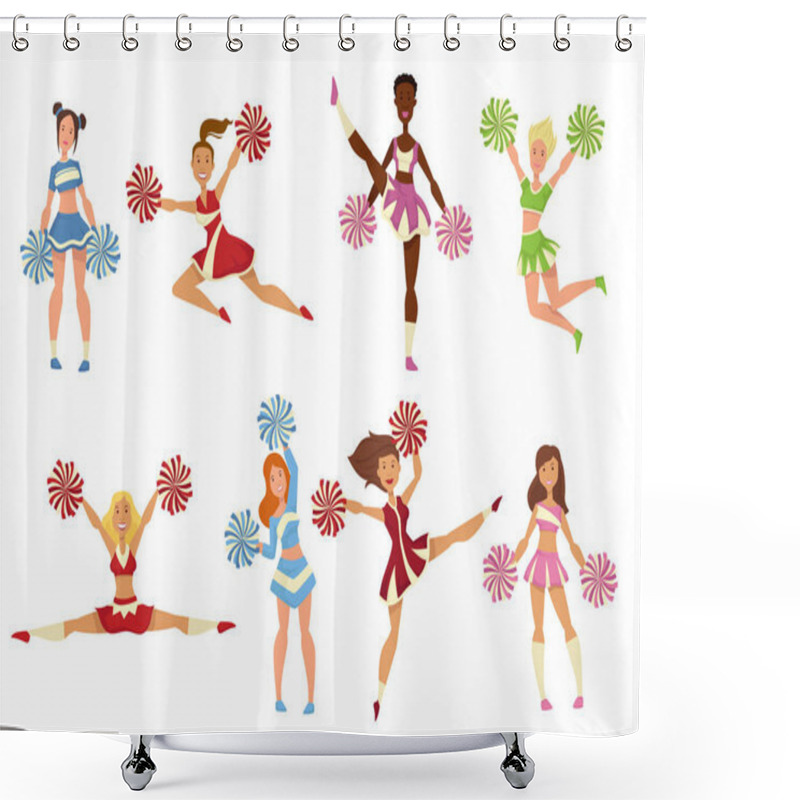 Personality  Cheerleaders Girls Performing With Cheerleading Pompoms. Vector Sport Team Support Girls In Sportswear Outfit For College Or University Rugby Fan Club Shower Curtains