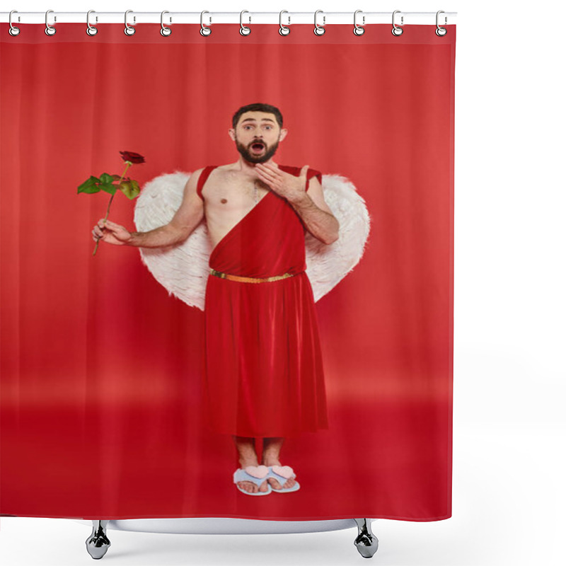 Personality  Full Length Of Astonished Man In Cupid Costume With Rose And Open Mouth On Red, Saint Valentines Day Shower Curtains