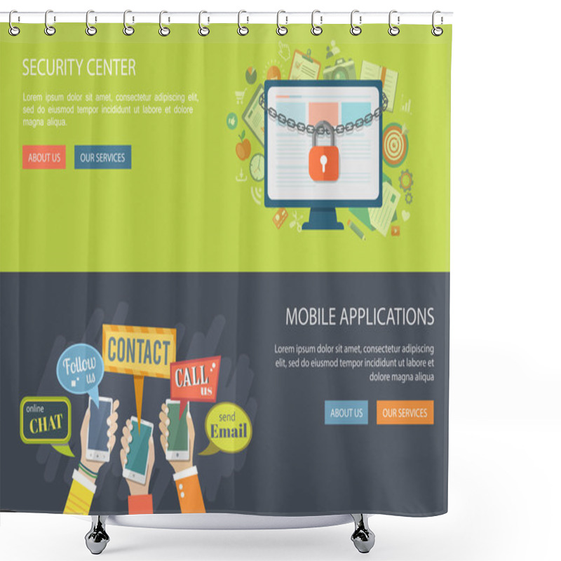 Personality  Flat Banners Set. Illustrations Of Security Center And Mobile Ap Shower Curtains