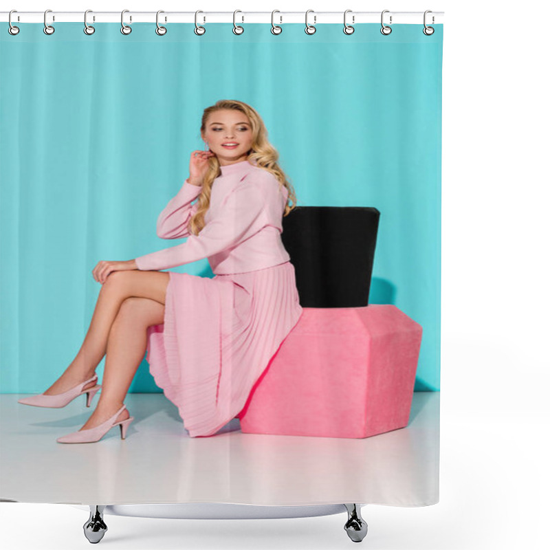 Personality  Beautiful Woman In Pink Dress Sitting On Big Nail Polish Model And Posing On Turquoise Background Shower Curtains