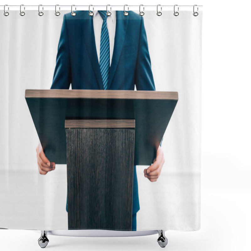 Personality  Cropped Image Of Lecturer Standing At Podium Tribune During Seminar In Conference Hall Shower Curtains