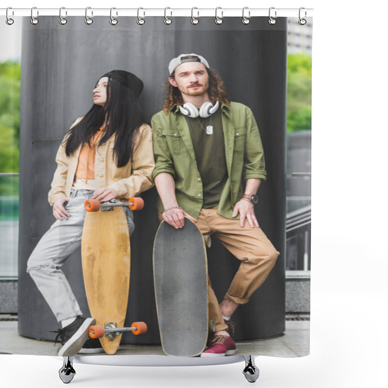 Personality  Handsome Man And Brunette Woman With Skateboards Standing On Rooftop, Looking Away Shower Curtains