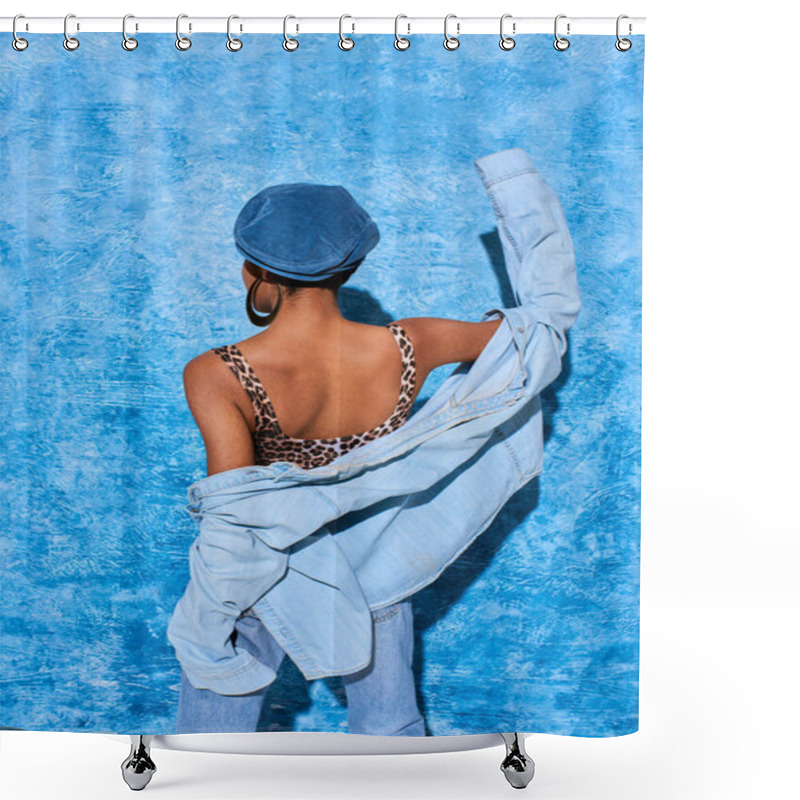 Personality  Back View Of Trendy African American Woman In Beret, Top With Leopard Print And Denim Shirt Standing Near Blue Textured Background With Shadow, Stylish Denim Attire Shower Curtains