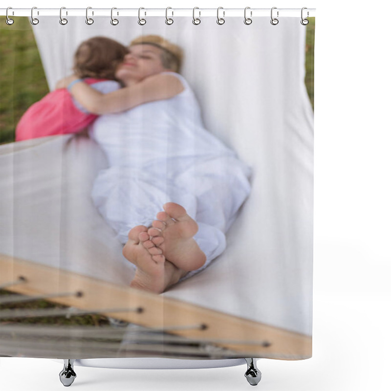 Personality  Happy Mother And A Little Daughter Enjoying Free Time Hugging And Relaxing In A Hammock During A Sunny Day On Holiday Home Garden Shower Curtains