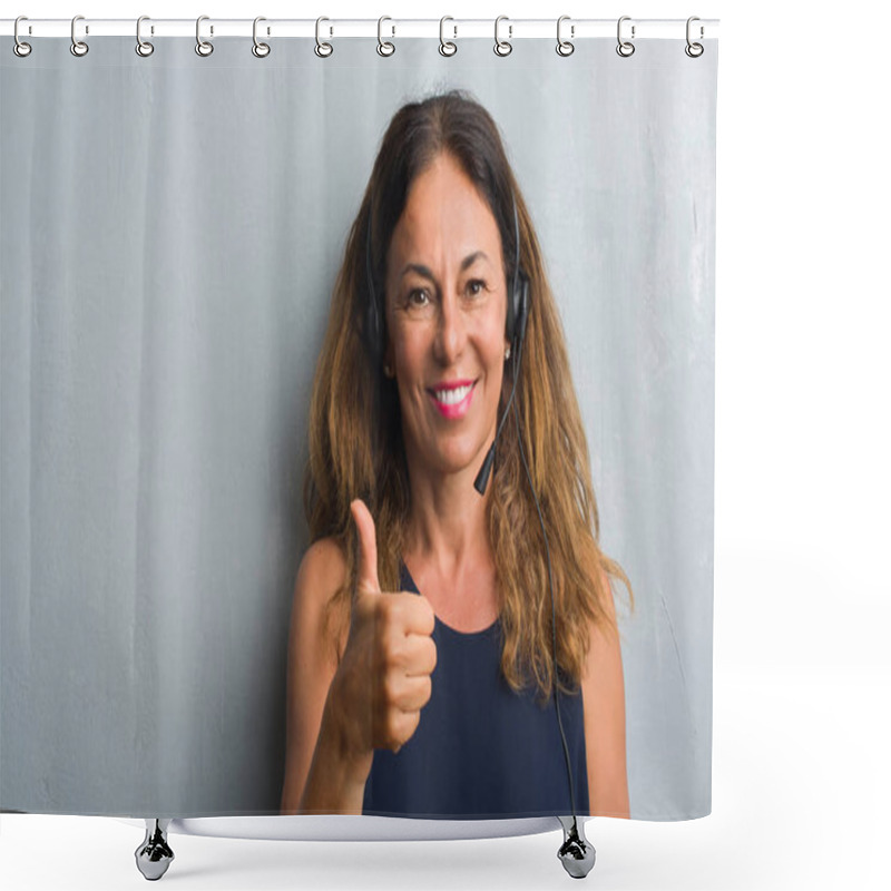 Personality  Middle Age Hispanic Operator Woman Standing Over Grey Grunge Wall Happy With Big Smile Doing Ok Sign, Thumb Up With Fingers, Excellent Sign Shower Curtains