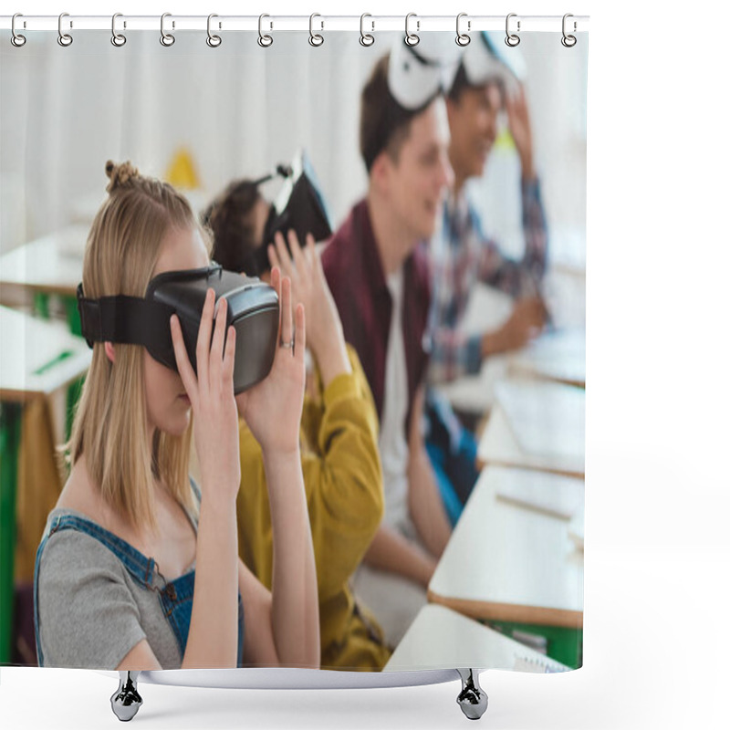 Personality  Side View Of High School Students Taking Off Virtual Reality Headsets  Shower Curtains