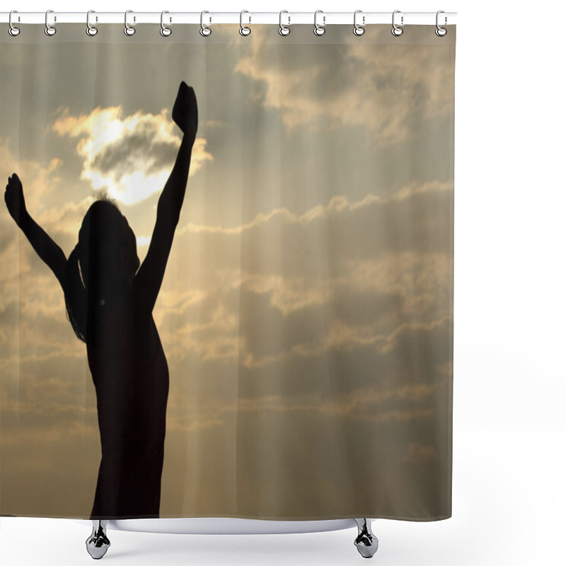 Personality  Strong Confidence Woman Open Arms Under The Sunrise At Seaside Shower Curtains