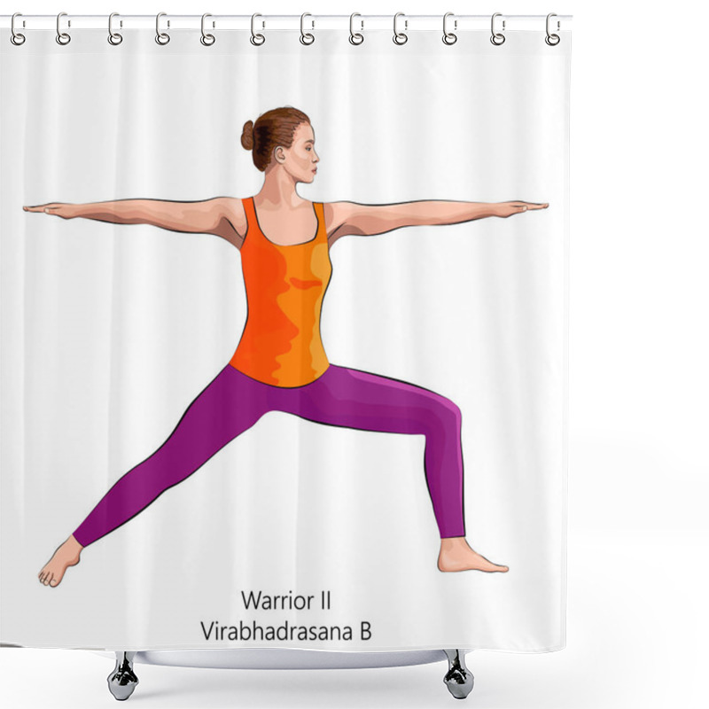 Personality  Full Length Side View Of Young Woman Practicing Yoga Exercise, Doing Warrior II Pose Or Virabhadrasana B. Standing And Balancing. Beginner. Vector Illustration Isolated On White Background. Shower Curtains