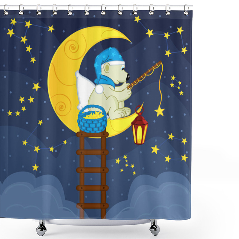 Personality  Polar Bear On The Moon Catches The Bait Stars Shower Curtains