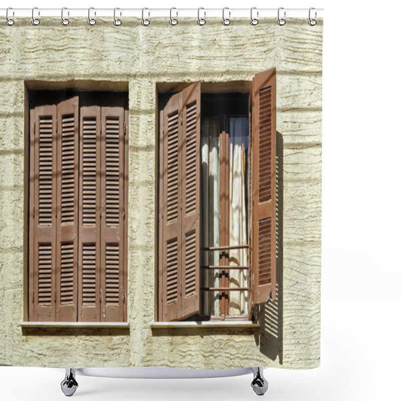 Personality  Two Windows Open And Closed With Shutters, Chania, Crete, Greece Shower Curtains