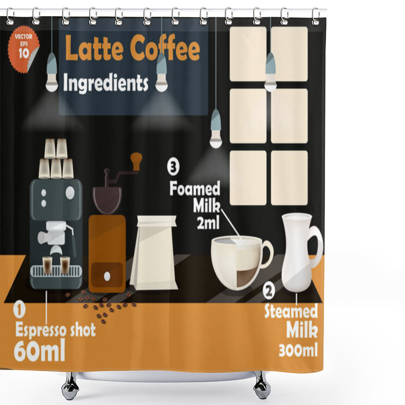 Personality  Graphics Design Of Latte Coffee Recipes, Info Graphics Of Latte Coffee Ingredients, Collection Of Coffee Machine,coffee Grinder, Milk, Espresso Shot For Making A Great Cup Of Coffee. Shower Curtains