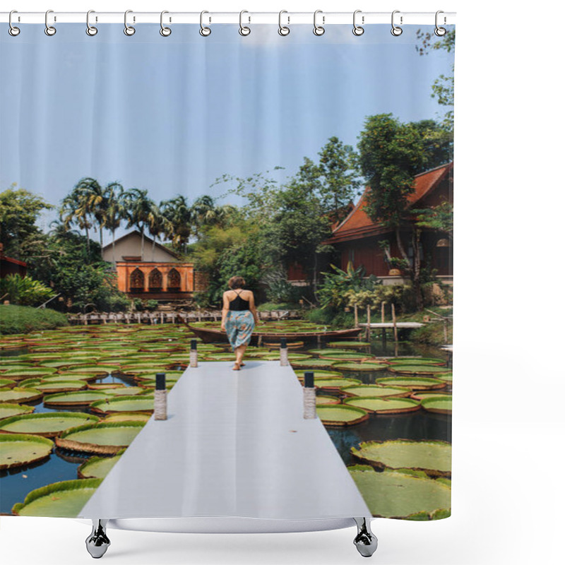 Personality  Girl Runs On A Bridge To A Lake From Water Lilies In A Garden Shower Curtains