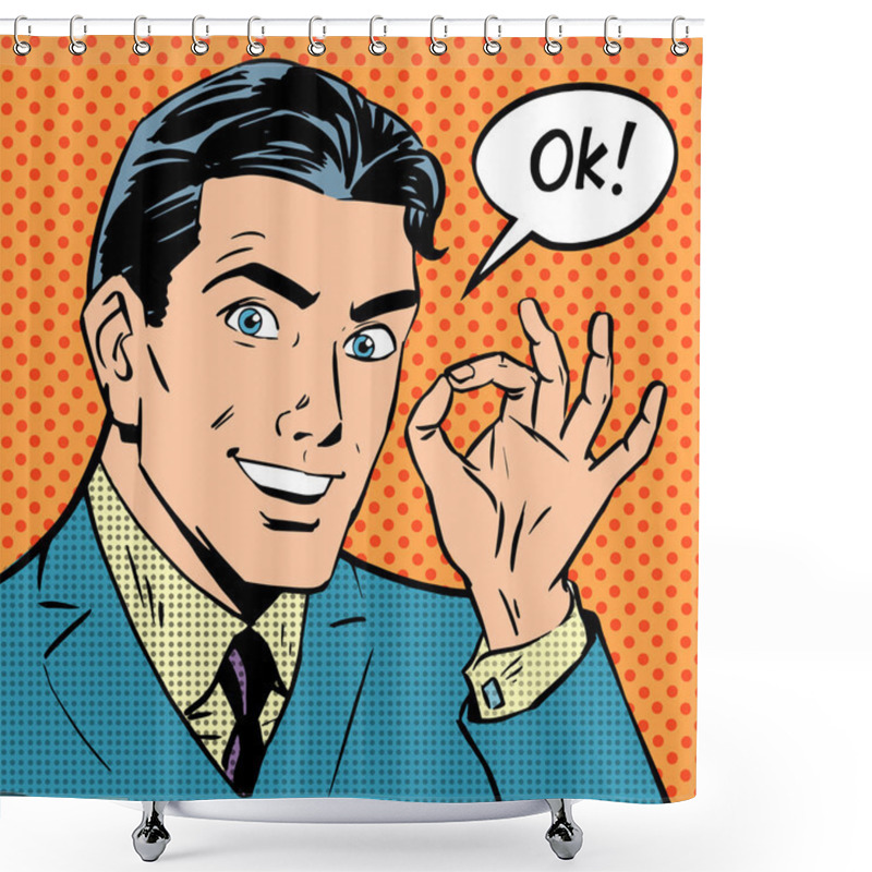 Personality  Businessman Says Okay Success Pop Art Comics Retro Style Halfton Shower Curtains