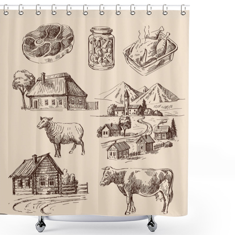 Personality  Farm And Animals Hand Drawn Shower Curtains