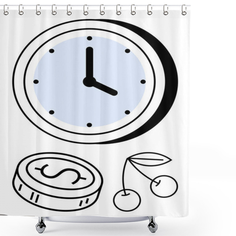 Personality  Clock With Black Hands, Coin With Dollar Sign, Cherries With Leaves. Ideal For Concepts Of Time Management, Financial Planning, Productivity, Work-life Balance, Scheduling, Investment Deadlines Shower Curtains