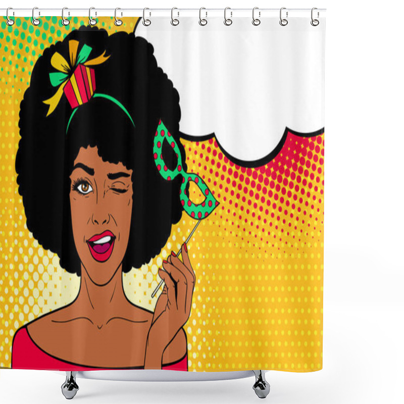 Personality  Pop Art Face. Young Sexy Afro American Woman With Gift On Her Head And Carnival Mask In Her Hand Smiles And Winks With Speech Bubble. Vector Illustration In Retro Comic Style. Party Invitation. Shower Curtains