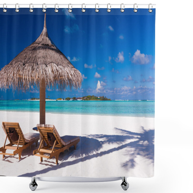 Personality  Chairs And Umbrella On A Beach With Shadow From Palm Tree Shower Curtains