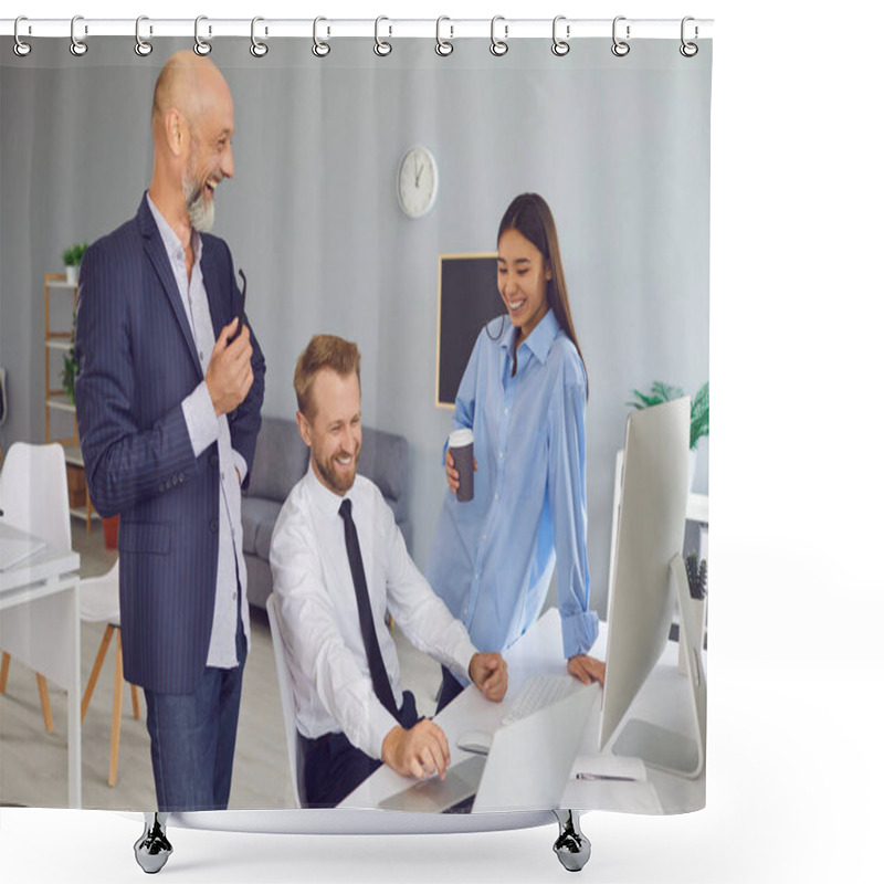 Personality  Positive Company Workers Talking, Laughing, Enjoying Conversation During Coffee Break At Work Shower Curtains