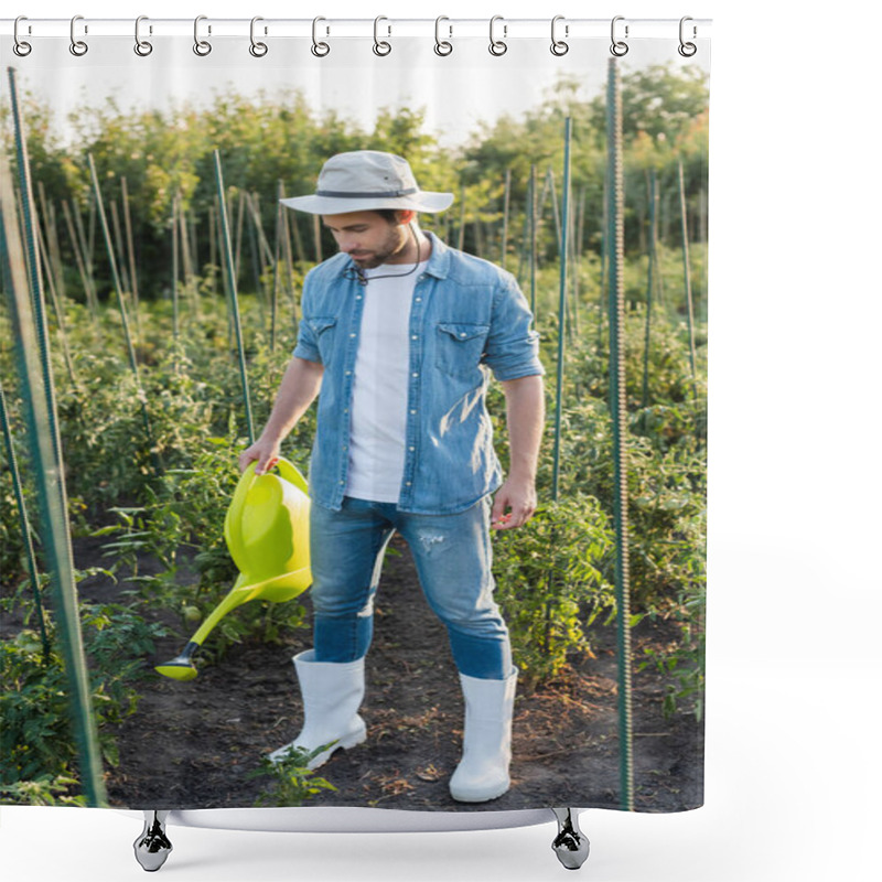 Personality  Full Length View Of Farmer In Denim Clothes Watering Tomato Plants Shower Curtains