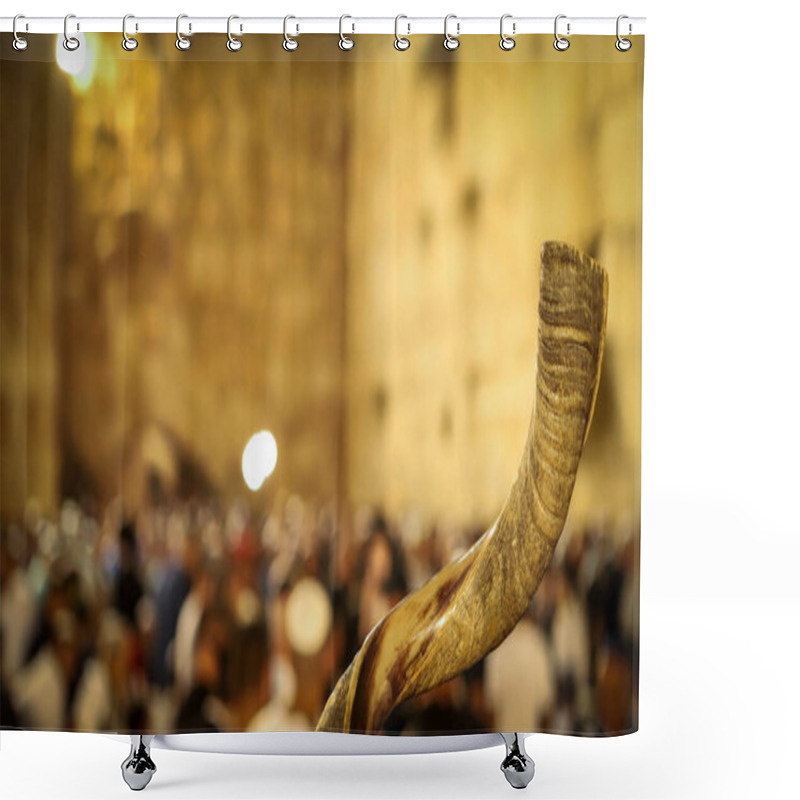 Personality  Shofar And In The Background, Religious People Pray At The Western Wall In The Holy City Of Jerusalem In Israel Shower Curtains