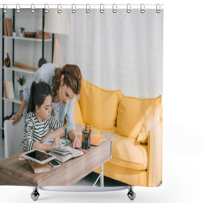 Personality  Beautiful Woman Helping Adorable Daughter Doing Schoolwork At Home Shower Curtains