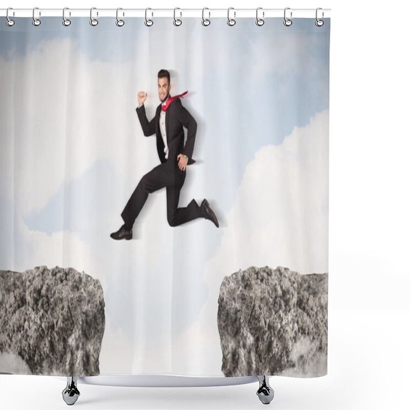 Personality  Funny Business Man Jumping Over Rocks With Gap Shower Curtains