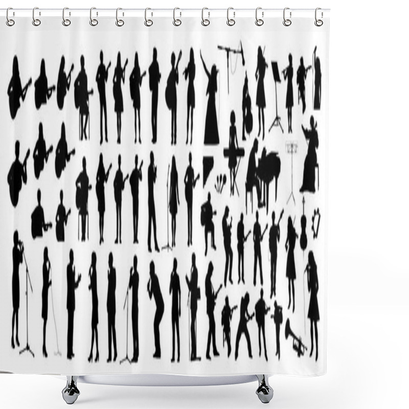 Personality  Set Of Musicians With Instruments Black Silhouettes, Seamless Background Shower Curtains