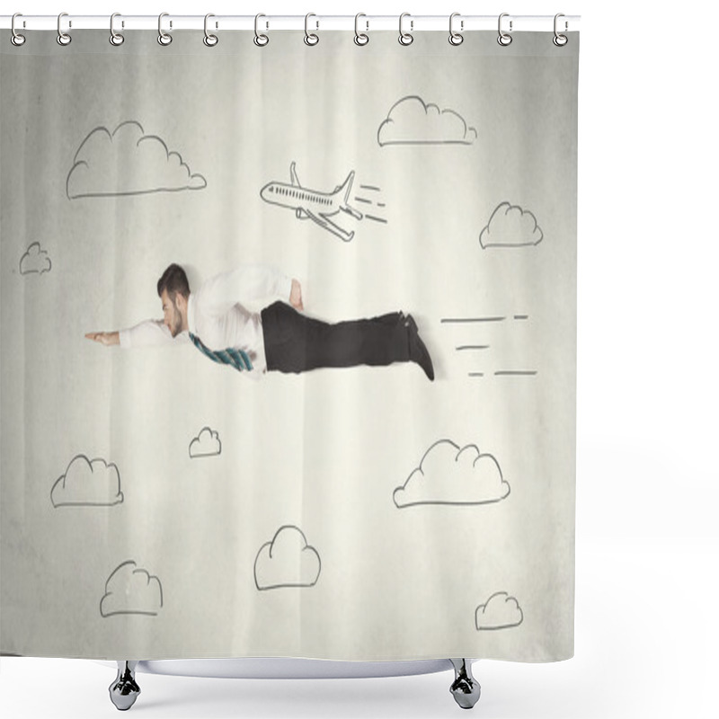 Personality  Cheerful Business Person Flying Between Hand Drawn Sky Clouds Shower Curtains