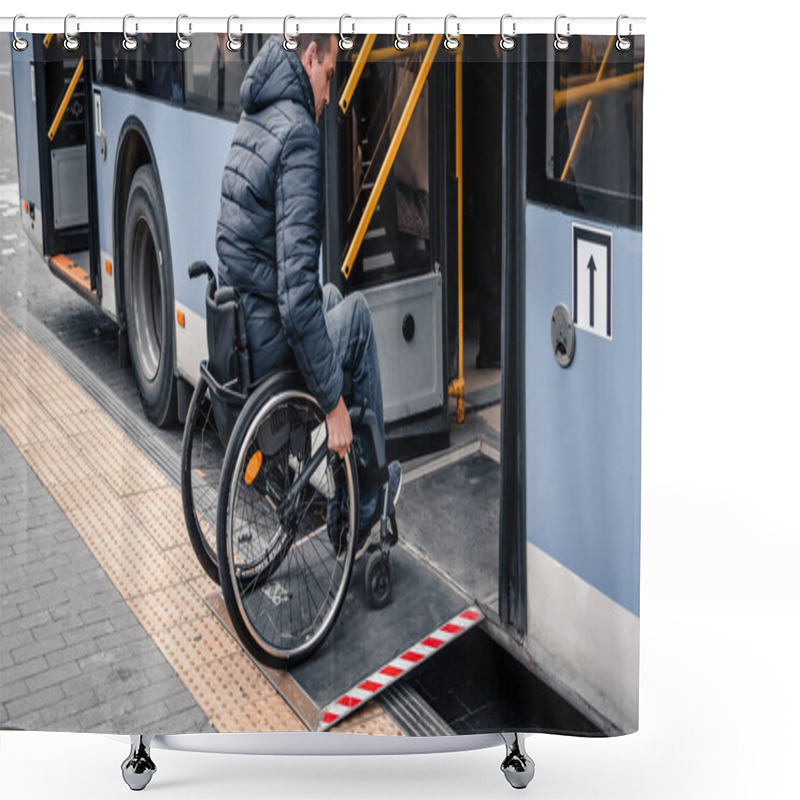 Personality  Person With A Physical Disability Enters Public Transport With An Accessible Ramp. Shower Curtains