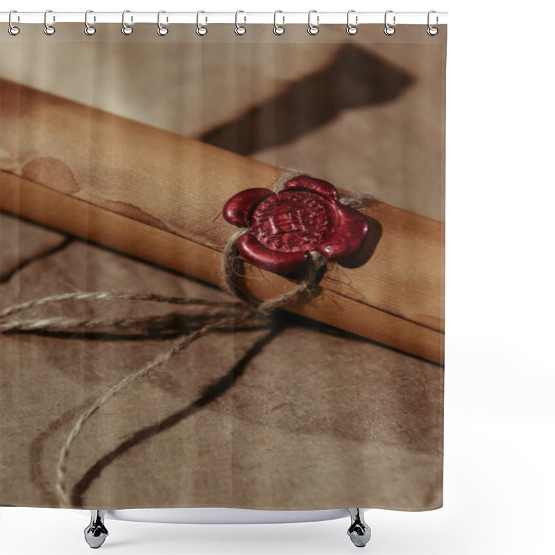 Personality  Top View Of Ancient Manuscript Stamped With Wax Seal On Craft Paper Surface Shower Curtains