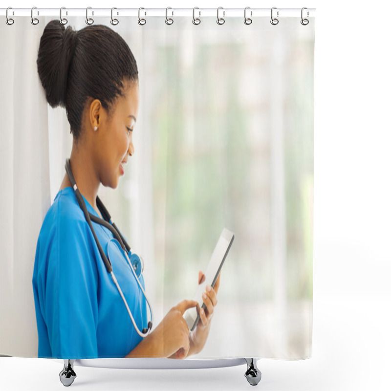 Personality  Young African American Medical Worker Using Tablet Computer Shower Curtains