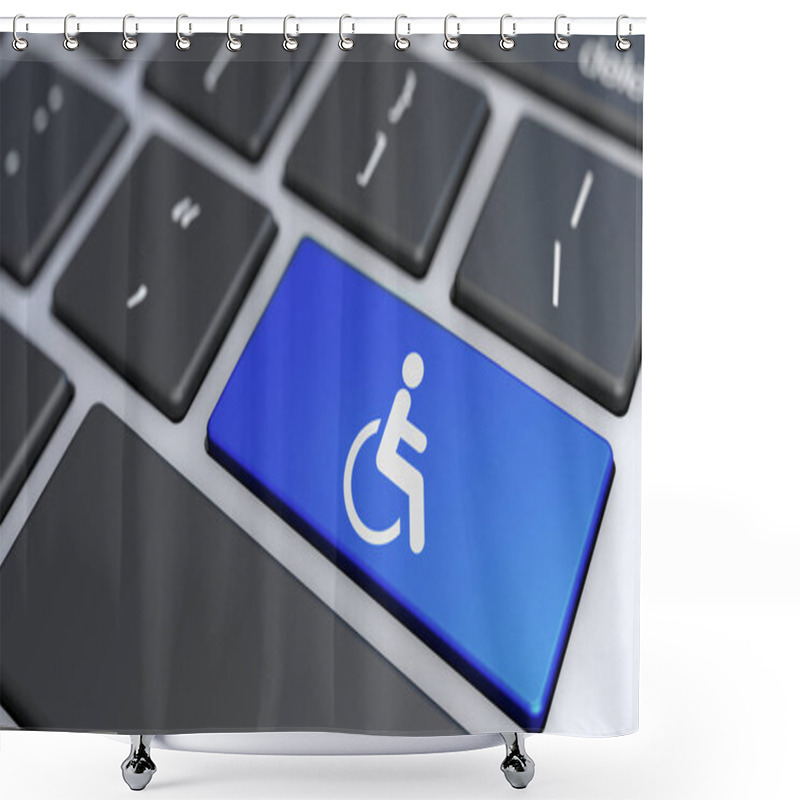 Personality  Website And Internet Online Content Accessibility And Accessible Computing Or Assistive Technology Concept With Wheelchair Icon And Symbol On A Blue Laptop Computer Key 3D Illustration. Shower Curtains