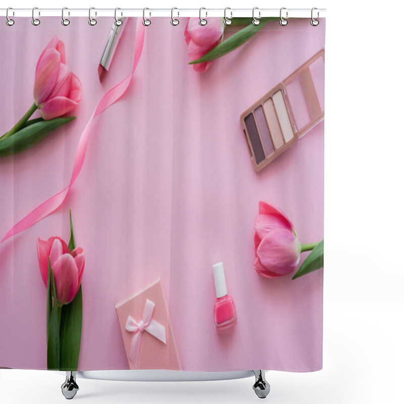 Personality  Top View Of Gift Box With Bow Near Decorative Cosmetics And Tulips On Pink Shower Curtains