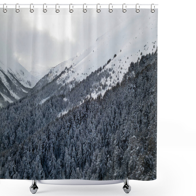 Personality  A Vast Expanse Of Snow Blankets The Rugged Mountains, While A Thick Forest Of Evergreen Trees Stands Resilient Beneath The Winter Sky, Creating A Serene Winter Wonderland. Shower Curtains