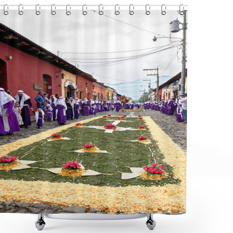 Personality  Sawdust Carpet For The Good Friday Procession During Holy Week In Antigua, Guatemala, Central America - 22nd Of April 2011 Shower Curtains