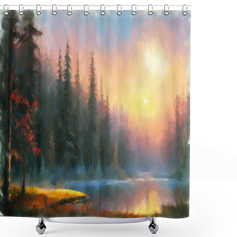 Personality  Modern Expressive Oil Painting Sketch Of Picturesque Woodland Landscape On Shore Of Calm Lake Among Pine Forest At Sunset. My Own Digital Art Illustration Of Serene Wilderness Scene. Shower Curtains