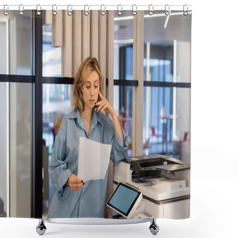 Personality  Young Blonde Woman With Wavy Hair Holding Blank Paper While Standing Near Printer In Office  Shower Curtains