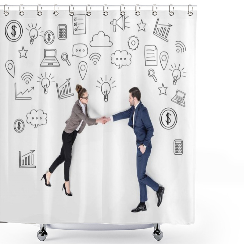 Personality  Creative Collage Of Business Partners Shaking Hands With Various Business Icons Shower Curtains